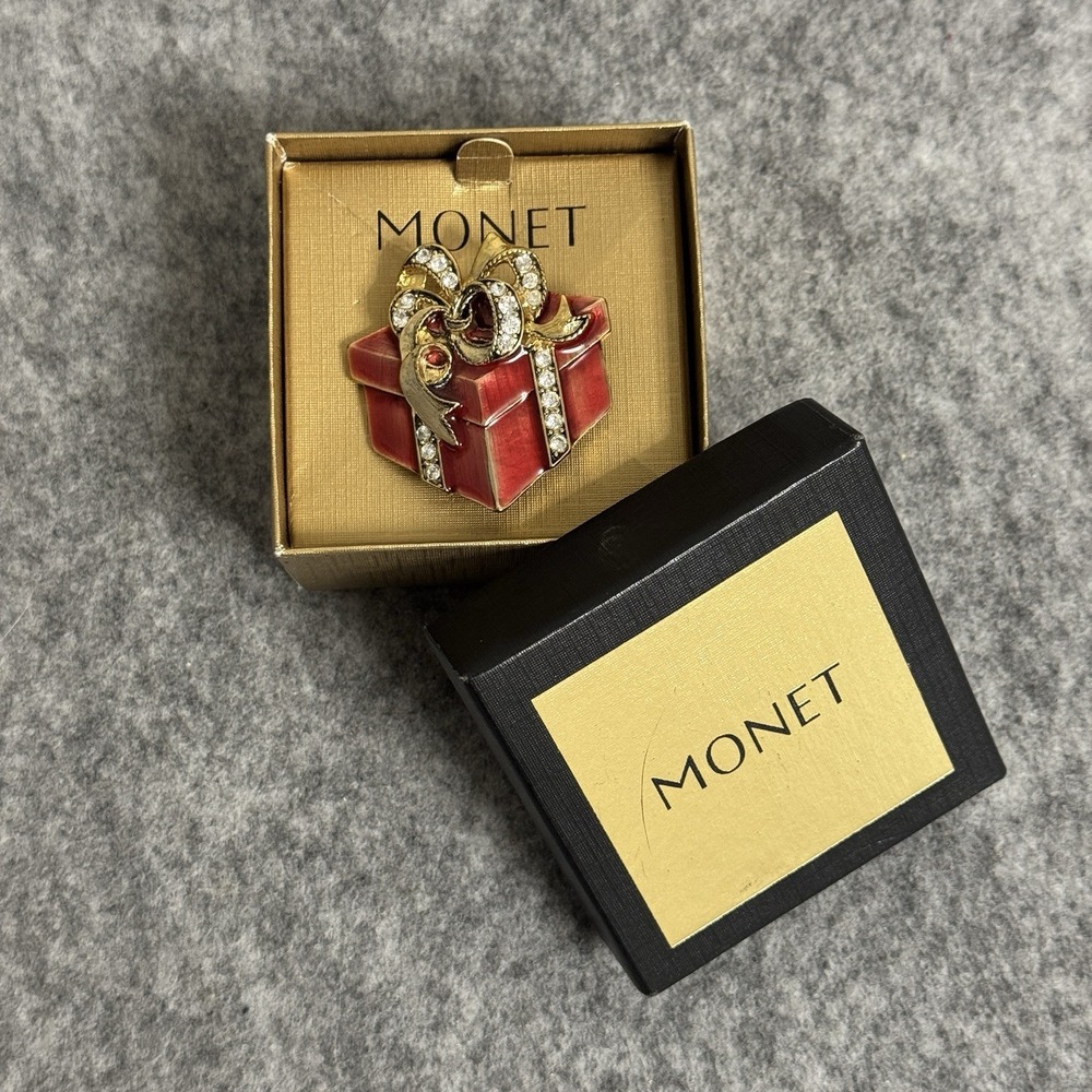 Monet Brooch Womens Red‎ Enamel Rhinestone Gift Box Holiday Party Formal Pin